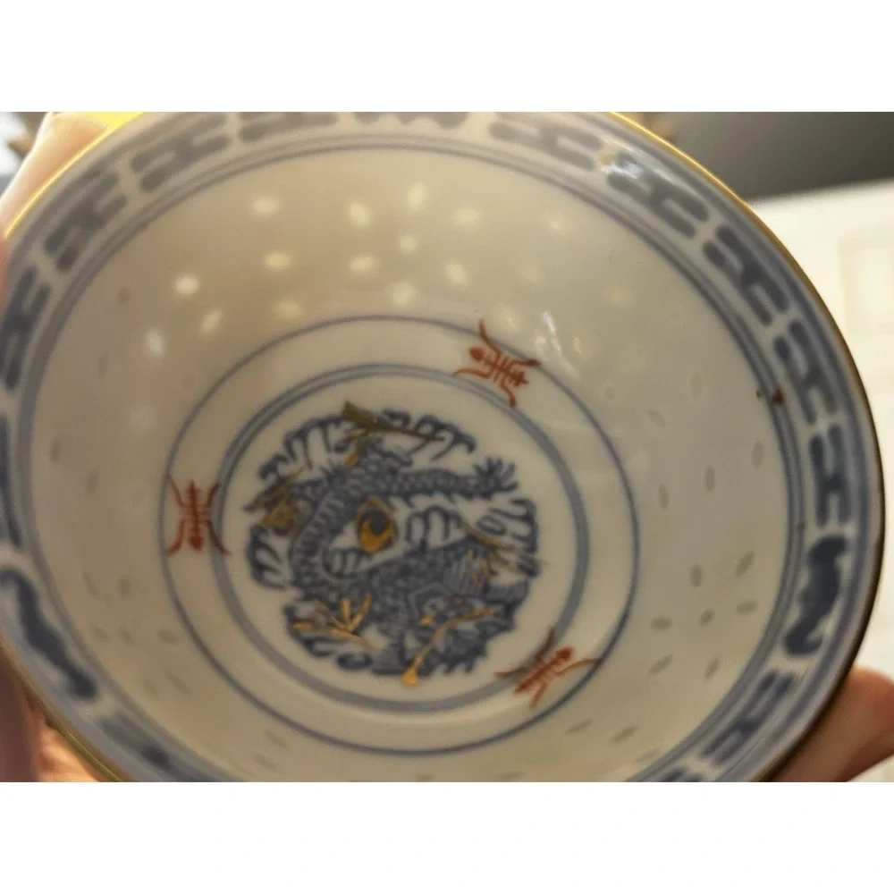 Vintage Chinese Jingdezhen Blue & White Translucent Rice Grain Porcelain Bowl